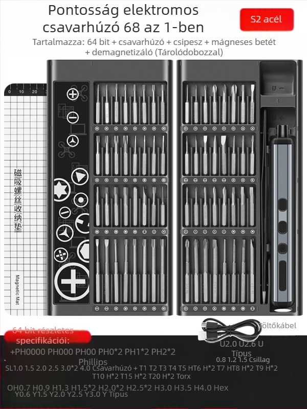 68-in-1 multifunkciós újratölthető elektromos csavarhúzó készlet – szénacél