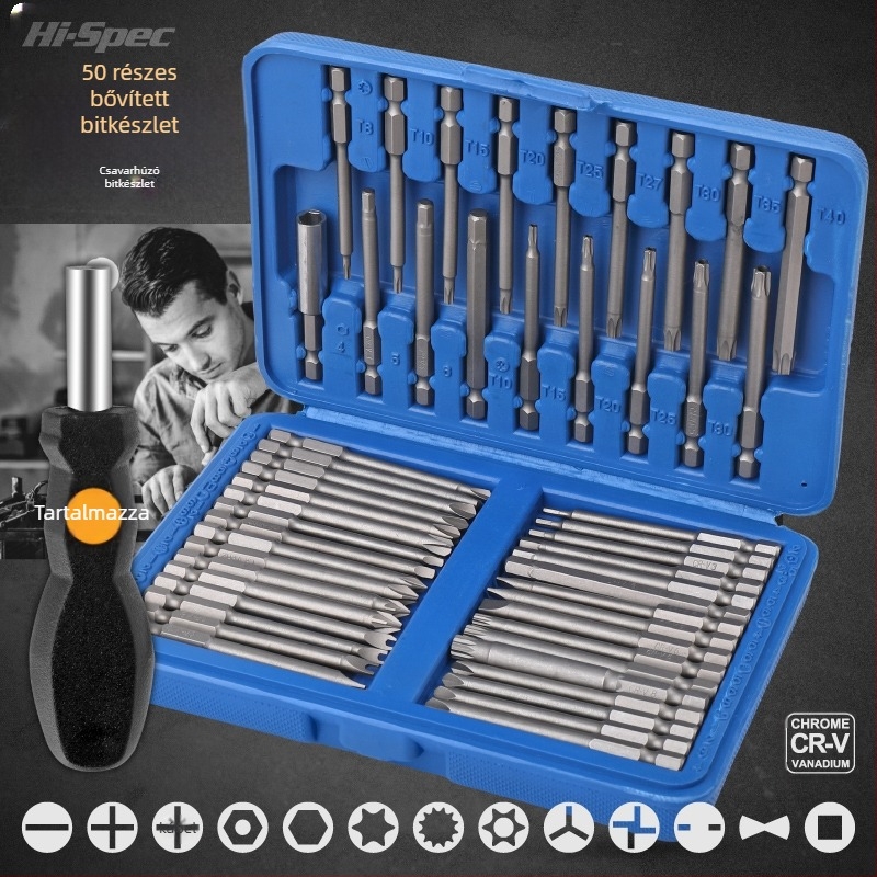 Csavarhúzó készlet: multifunkcionális, speciális Philips és Torx bitokkal, tartó hüvelyével, bitek szénacélból