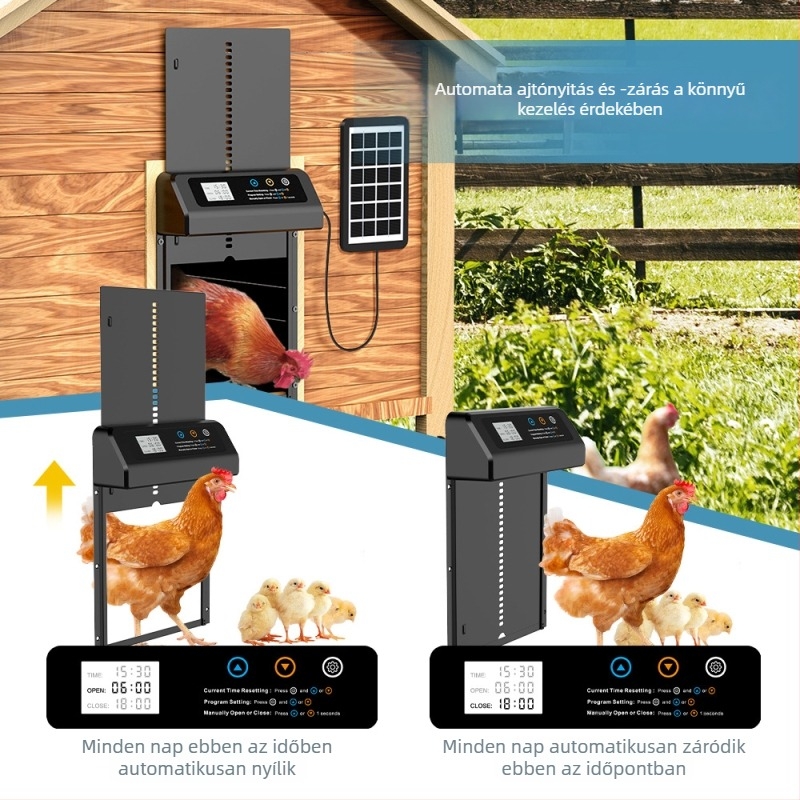Napelemes automata tyúkól ajtó rozsdamentes acélból, intelligens időzítésű emeléssel (Anyag: rozsdamentes acél; Márka: aibei; Import: Nem)