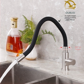 Rozsdamentes acélból készült konyhai csaptelep, forgatható háromutas keverő, kerámiakorongos szelep, elektroplattolt felülettel