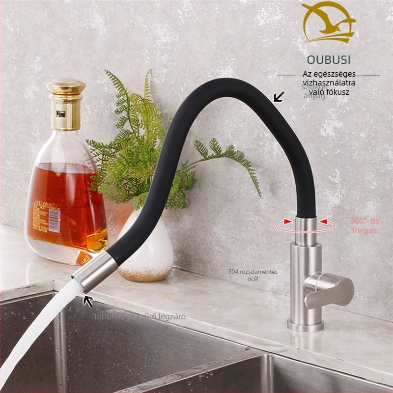 Rozsdamentes acélból készült konyhai csaptelep, forgatható háromutas keverő, kerámiakorongos szelep, elektroplattolt felülettel