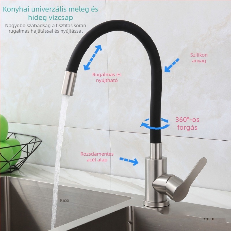 Rozsdamentes acélból készült konyhai csaptelep, forgatható háromutas keverő, kerámiakorongos szelep, elektroplattolt felülettel