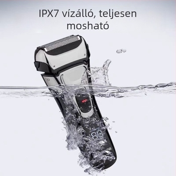 Lebegő fejű elektromos borotva, három mozgó penge, mosható kivitel, 80 perc akkumulátor-üzemidő, 2 órás töltési idő