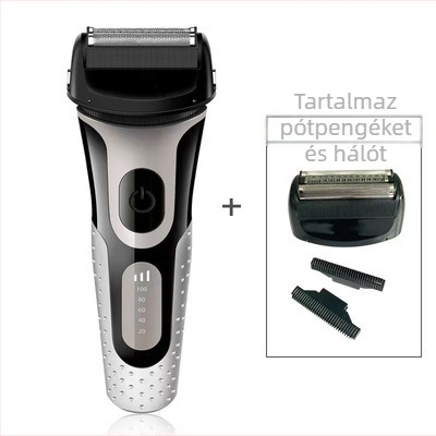 Lebegő fejű elektromos borotva, három mozgó penge, mosható kivitel, 80 perc akkumulátor-üzemidő, 2 órás töltési idő