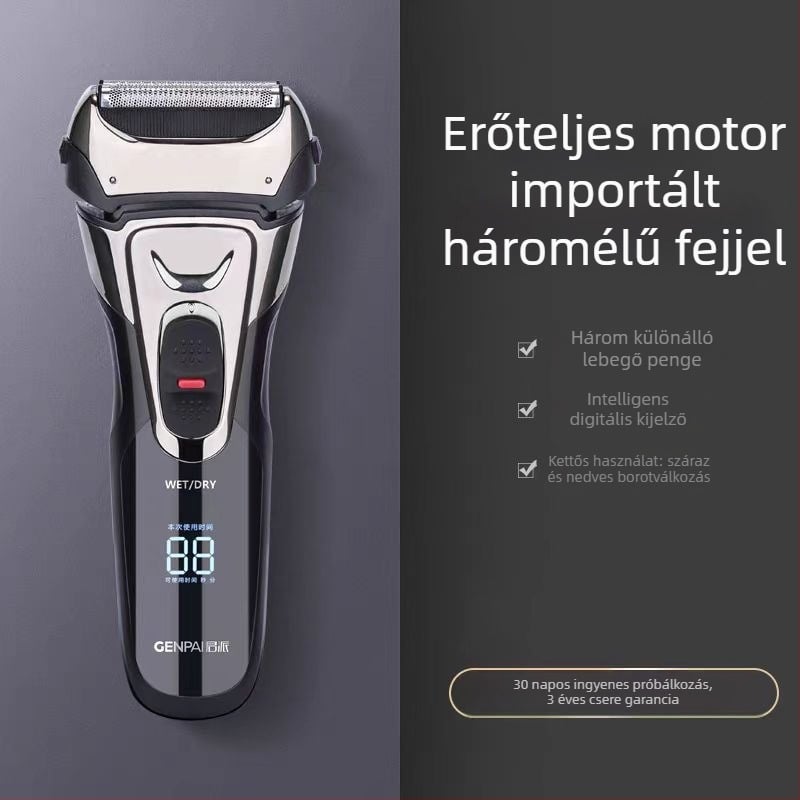 Lebegő fejű elektromos borotva, három mozgó penge, mosható kivitel, 80 perc akkumulátor-üzemidő, 2 órás töltési idő