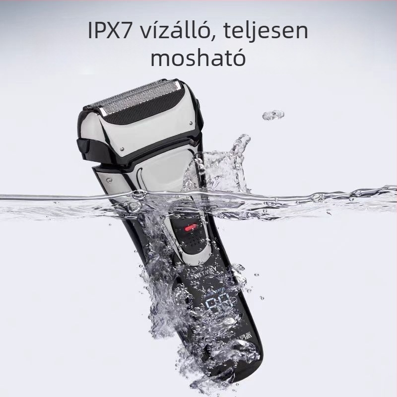 Lebegő fejű elektromos borotva, három mozgó penge, mosható kivitel, 80 perc akkumulátor-üzemidő, 2 órás töltési idő