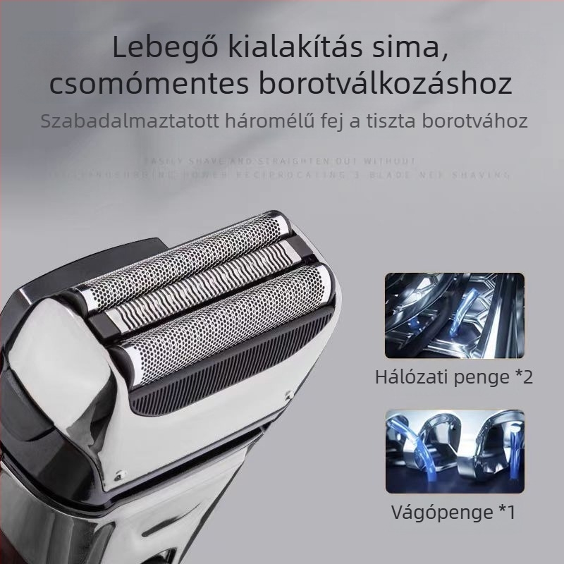 Lebegő fejű elektromos borotva, három mozgó penge, mosható kivitel, 80 perc akkumulátor-üzemidő, 2 órás töltési idő