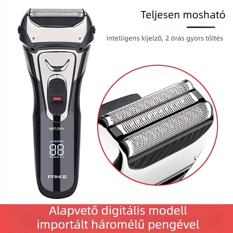 Lebegő fejű elektromos borotva, három mozgó penge, mosható kivitel, 80 perc akkumulátor-üzemidő, 2 órás töltési idő
