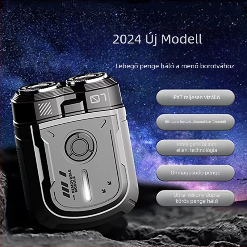 Víz- és száraz használatra tervezett elektromos borotva egész testre, újratölthető beépített akkumulátorral, forgó fejű két pengével, lebegő fej, kefés motor