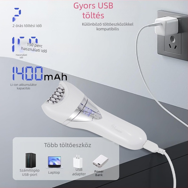 Női 6–in–1 elektromos testszőrnyíró, nedves és száraz használat, USB tápegység, rozsdamentes acél vágófej, modell HT-576