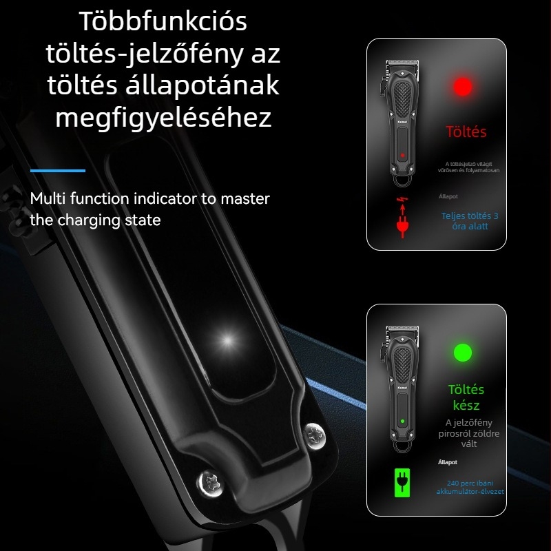 Kemei KM-1071 Professzionális elektromos hajvágó USB töltéssel, kefemotor, rozsdamentes acél vágófej, ABS ház, beépített akkumulátor 1200–2000 mAh, üzemidő 1–3 óra