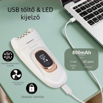 2‑in‑1 női elektromos borotva intelligens digitális kijelzővel – mini szőrtelenítő és borotva készülék (HT‑582, USB‑táplálás, ABS ház, rozsdamentes acél penge, egész testre használható)