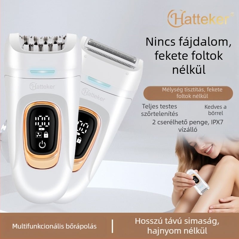 2‑in‑1 női elektromos borotva intelligens digitális kijelzővel – mini szőrtelenítő és borotva készülék (HT‑582, USB‑táplálás, ABS ház, rozsdamentes acél penge, egész testre használható)