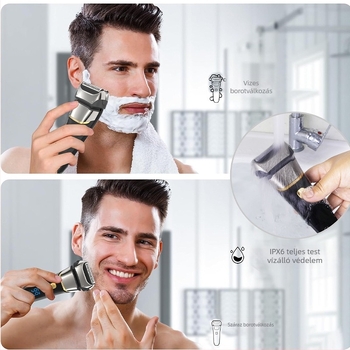 Elektromos borotva 3 pengés visszafelé mozgó fejjel, LED kijelzővel, teljesen vízálló a teljes test mosására, beépített 500–800 mAh-s akkumulátor, akár 80 perc működés