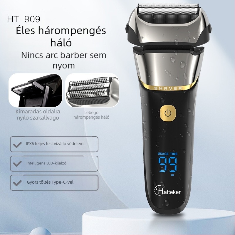 Elektromos borotva 3 pengés visszafelé mozgó fejjel, LED kijelzővel, teljesen vízálló a teljes test mosására, beépített 500–800 mAh-s akkumulátor, akár 80 perc működés