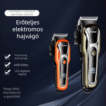 Hajvágó KM-1990PG – nagy teljesítményű kefés motor, vágófej rozsdamentes acélból, beépített akkumulátor 1200–2000 mAh, LCD-kijelző, USB töltés