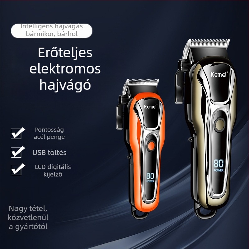 Hajvágó KM-1990PG – nagy teljesítményű kefés motor, vágófej rozsdamentes acélból, beépített akkumulátor 1200–2000 mAh, LCD-kijelző, USB töltés