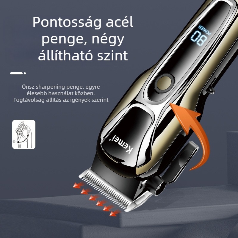 Hajvágó KM-1990PG – nagy teljesítményű kefés motor, vágófej rozsdamentes acélból, beépített akkumulátor 1200–2000 mAh, LCD-kijelző, USB töltés