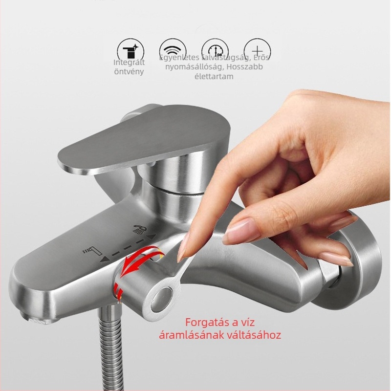 Kád-zuhany keverőcsap, rozsdamentes acél, falra szerelhető, kerámiás szeleppel, max. 90°C