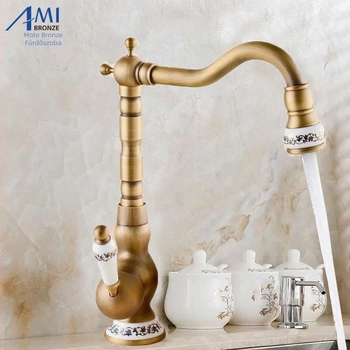 Konyhai keverőcsap rézből, kerámiadiszkos szelep, pulton történő szerelés, antik felülettel, 0–90°C működési hőmérséklet