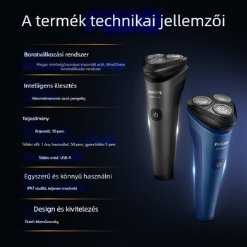 Philips férfi elektromos borotva nedves és száraz használatra, forgó hárompengés fej, lebegő fej, beépített akkumulátor, teljesen mosható test, Sorozat 2 S2509