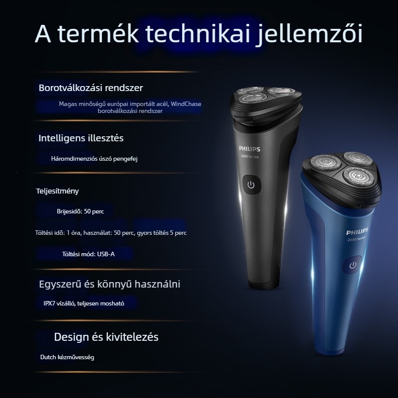 Philips férfi elektromos borotva nedves és száraz használatra, forgó hárompengés fej, lebegő fej, beépített akkumulátor, teljesen mosható test, Sorozat 2 S2509