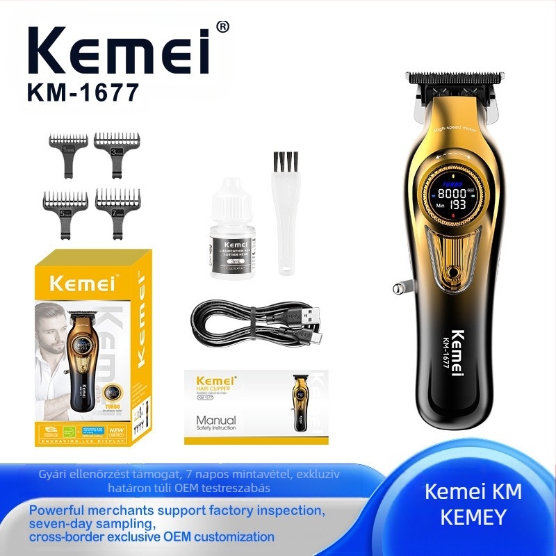 Kemei KM-1677 hajvágó, tölthető, brushless motor, por ötvözet pengék, beépített 500–800 mAh akkumulátor, 1–3 óra üzemidő