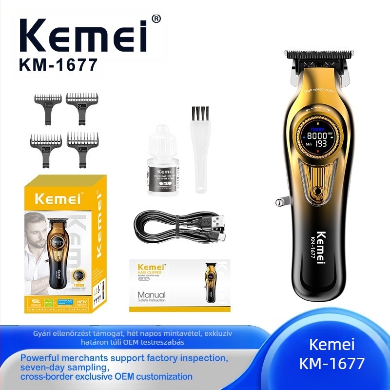 Kemei KM-1677 hajvágó, tölthető, brushless motor, por ötvözet pengék, beépített 500–800 mAh akkumulátor, 1–3 óra üzemidő