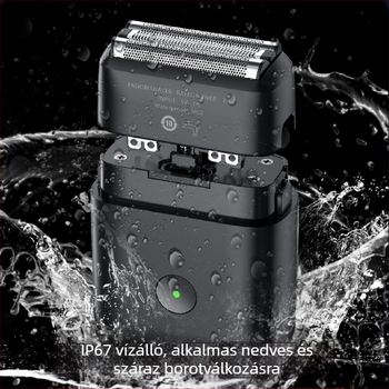 IP67 vízálló elektromos borotva, teljes testre mosható, reciprokáló 3 penge fej, beépített 800-1000 mAh akkumulátor, újratölthető, szénkefe nélküli motor, alacsony zajszint