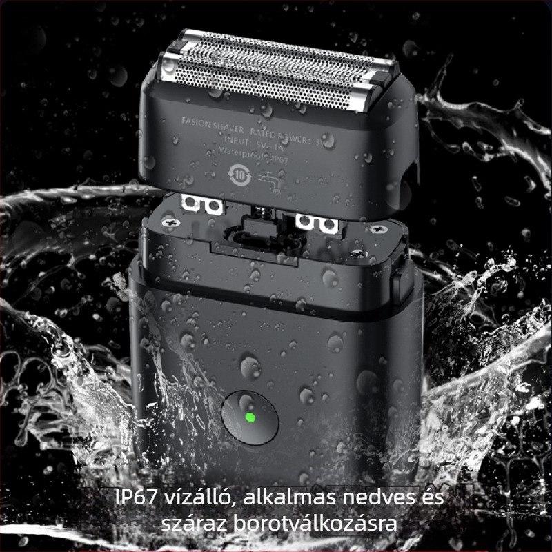 IP67 vízálló elektromos borotva, teljes testre mosható, reciprokáló 3 penge fej, beépített 800-1000 mAh akkumulátor, újratölthető, szénkefe nélküli motor, alacsony zajszint