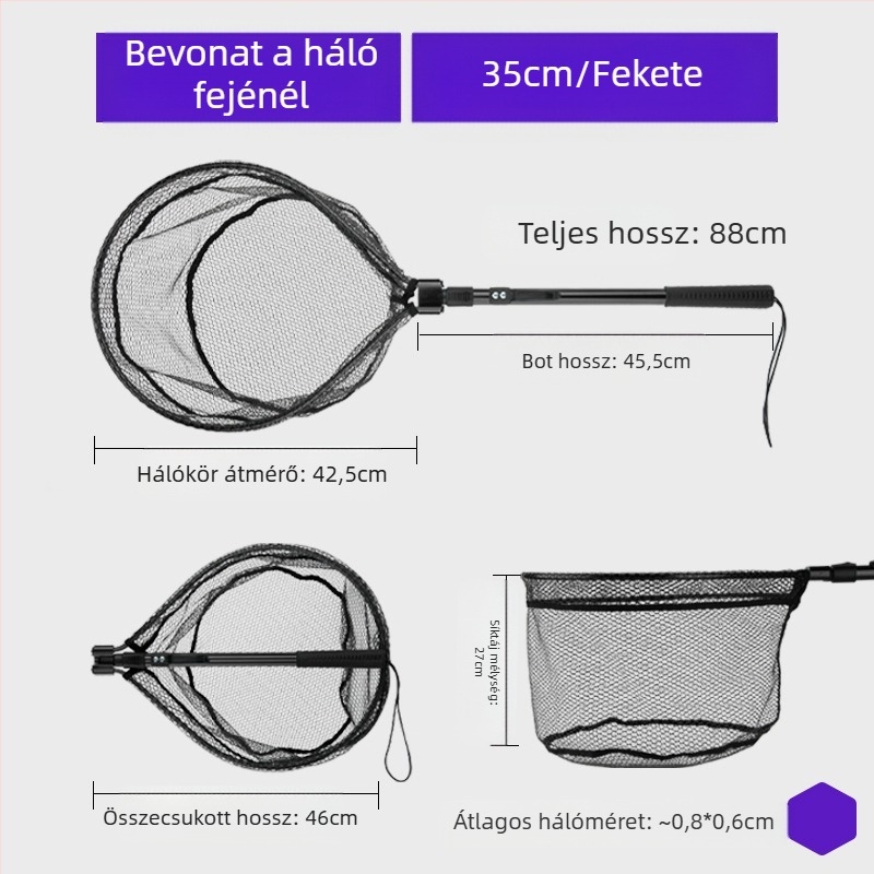 Összecsukható szilikon halászháló készlet – hordozható sporthorgászathoz nagyhalakhoz, háló mélysége 30–35 cm, vast szemű háló, nem zsugorodik