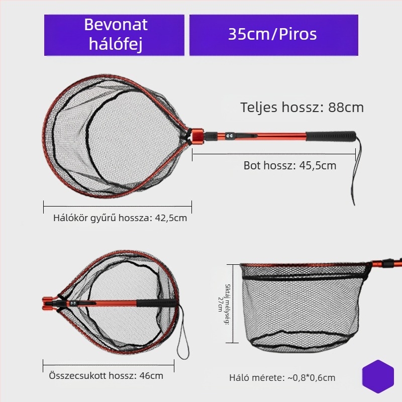 Összecsukható szilikon halászháló készlet – hordozható sporthorgászathoz nagyhalakhoz, háló mélysége 30–35 cm, vast szemű háló, nem zsugorodik