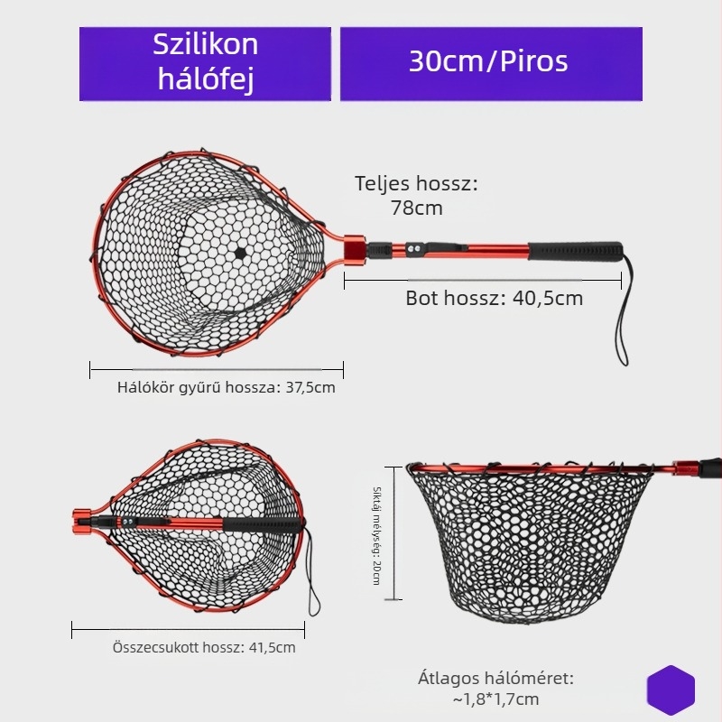 Összecsukható szilikon halászháló készlet – hordozható sporthorgászathoz nagyhalakhoz, háló mélysége 30–35 cm, vast szemű háló, nem zsugorodik