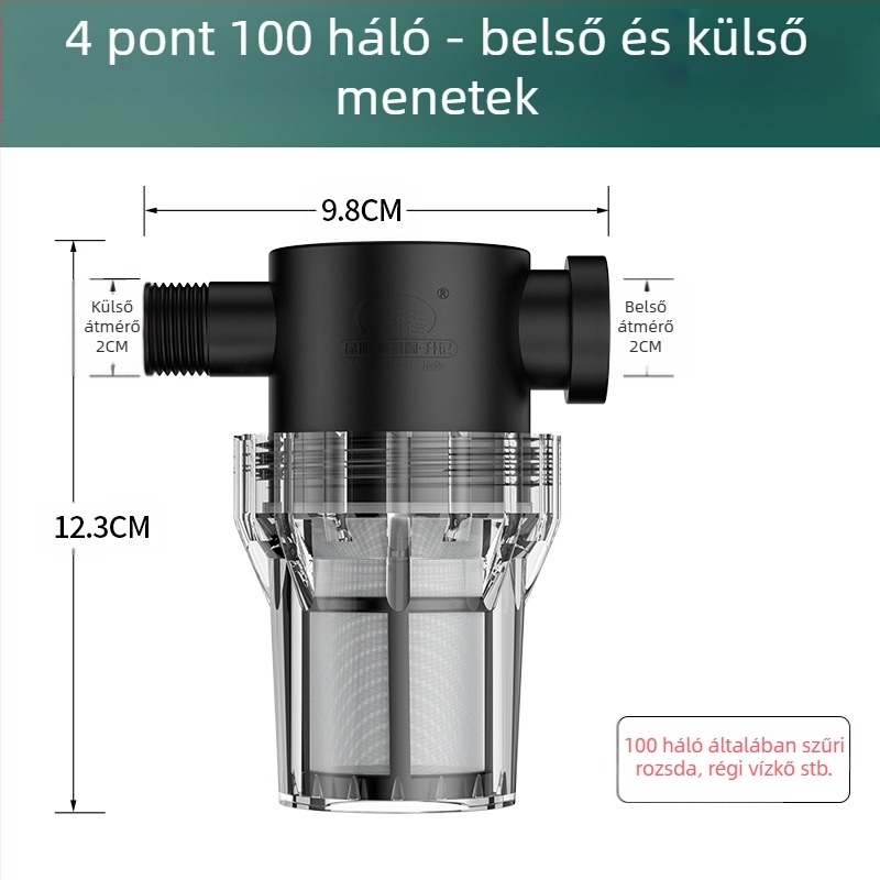 Csőbe épített előszűrő ivóvízhez – rozsdamentes acél szűrő, 1. szintű szűrés, mész- és üledék eltávolítása, cserélhető szűrőelem