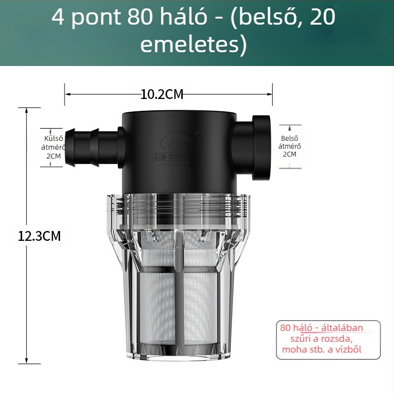 Csőbe épített előszűrő ivóvízhez – rozsdamentes acél szűrő, 1. szintű szűrés, mész- és üledék eltávolítása, cserélhető szűrőelem