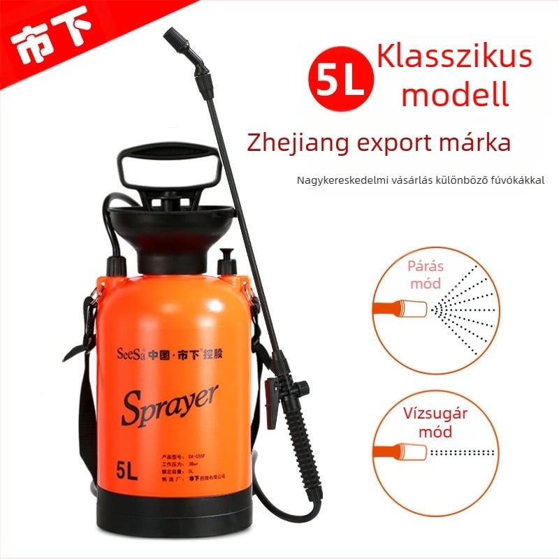 Műanyag 5 literes permetező- és öntöző kanna, kézi nyomású, kerthez, öntözéshez és fertőtlenítéshez