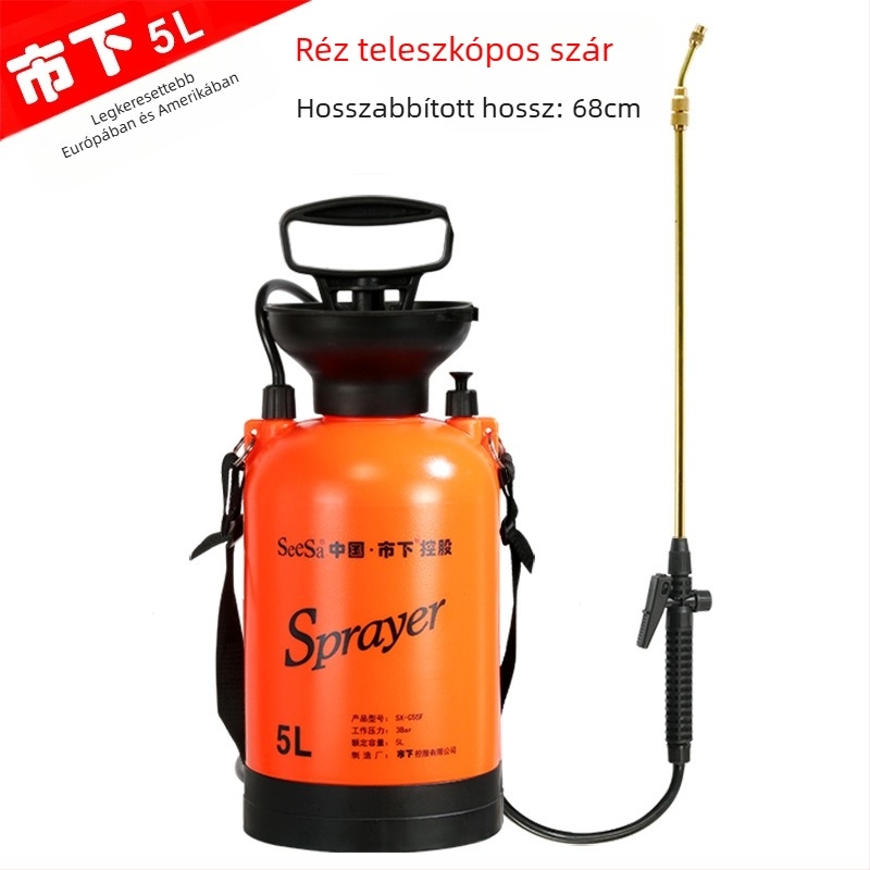 Műanyag 5 literes permetező- és öntöző kanna, kézi nyomású, kerthez, öntözéshez és fertőtlenítéshez