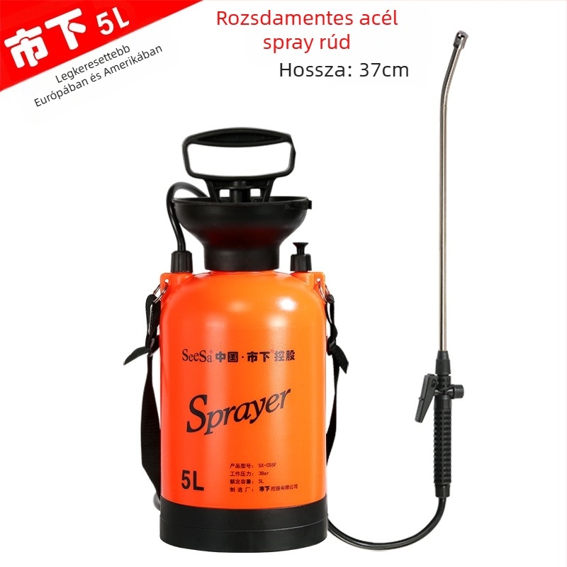 Műanyag 5 literes permetező- és öntöző kanna, kézi nyomású, kerthez, öntözéshez és fertőtlenítéshez