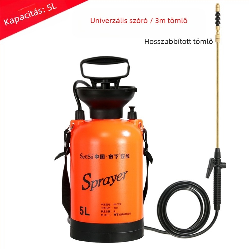 Műanyag 5 literes permetező- és öntöző kanna, kézi nyomású, kerthez, öntözéshez és fertőtlenítéshez