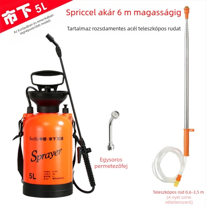 Műanyag 5 literes permetező- és öntöző kanna, kézi nyomású, kerthez, öntözéshez és fertőtlenítéshez