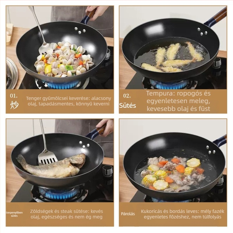 Magas minőségű vasból készült wok, kínai stílus, bevonat nélkül, mélység 10,5/10,8/11,1 cm, modell FS-CS-011