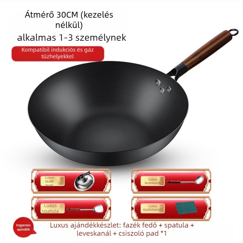 Magas minőségű vasból készült wok, kínai stílus, bevonat nélkül, mélység 10,5/10,8/11,1 cm, modell FS-CS-011