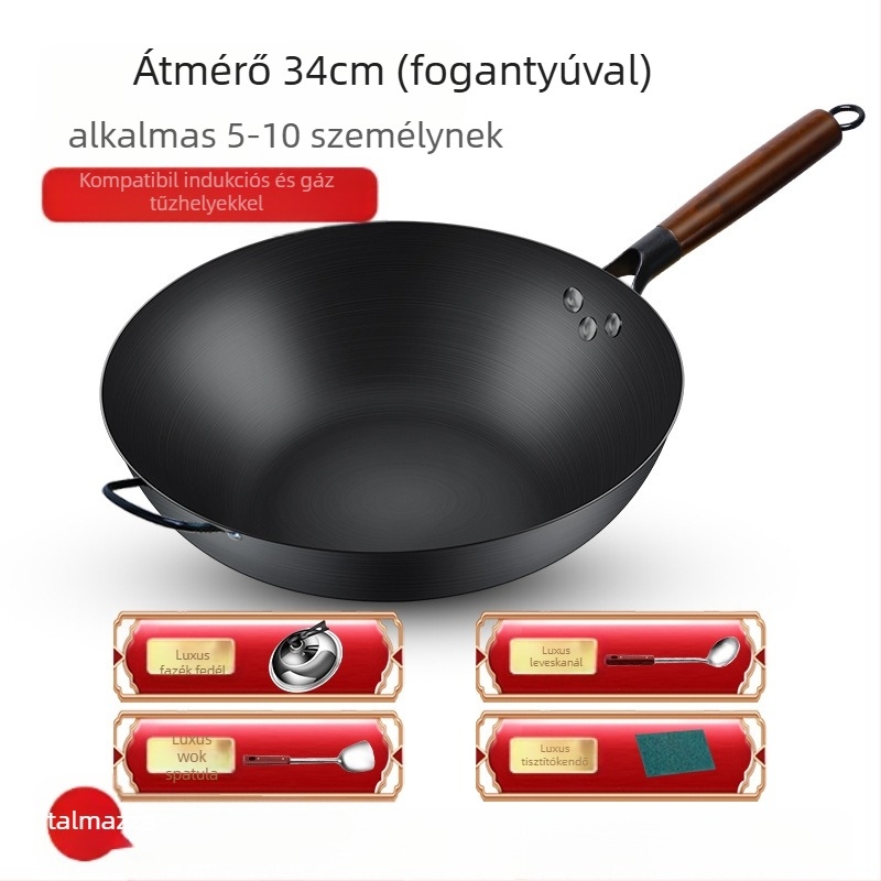 Magas minőségű vasból készült wok, kínai stílus, bevonat nélkül, mélység 10,5/10,8/11,1 cm, modell FS-CS-011