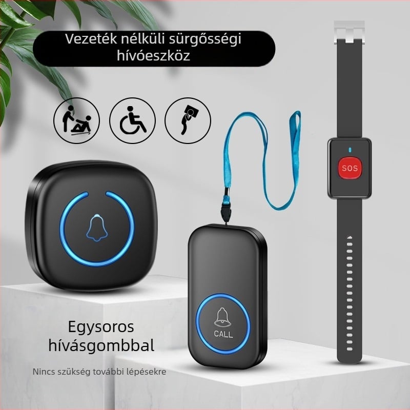 Vezeték nélküli csengő karpántos hívóval idős betegek számára, modell A6 CALL, AC 100-240V, 0.5W, hatótávolság 300 m