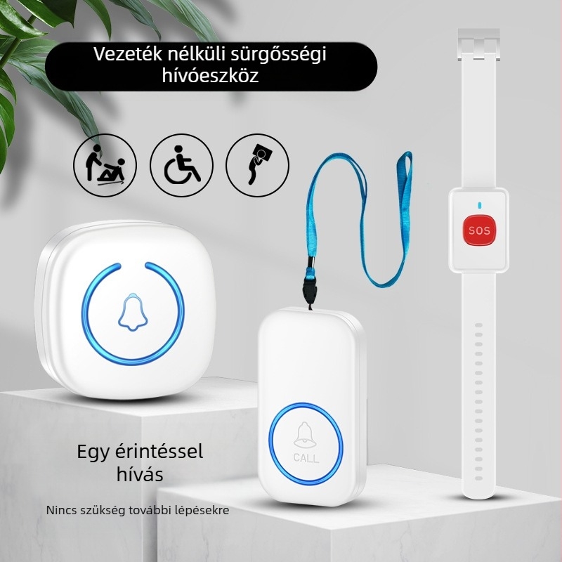 Vezeték nélküli csengő karpántos hívóval idős betegek számára, modell A6 CALL, AC 100-240V, 0.5W, hatótávolság 300 m