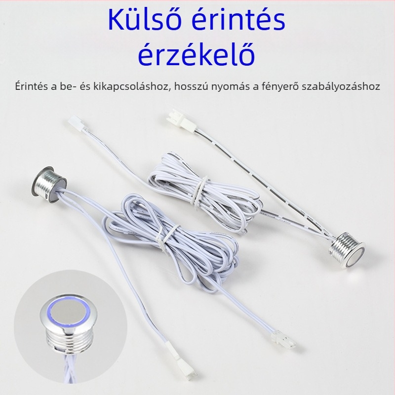 Konyhaszekrény intelligens szenzoros kapcsolóval, külső érintőfejjel és fényerő-szabályozással (12–24 V DC, állítható késleltetés)