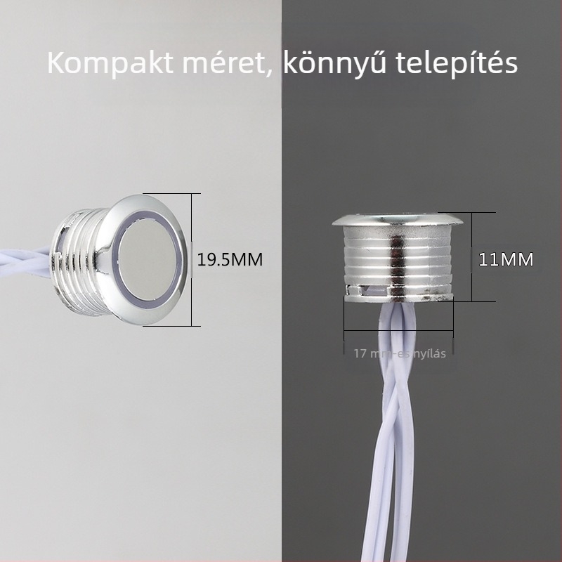 Konyhaszekrény intelligens szenzoros kapcsolóval, külső érintőfejjel és fényerő-szabályozással (12–24 V DC, állítható késleltetés)
