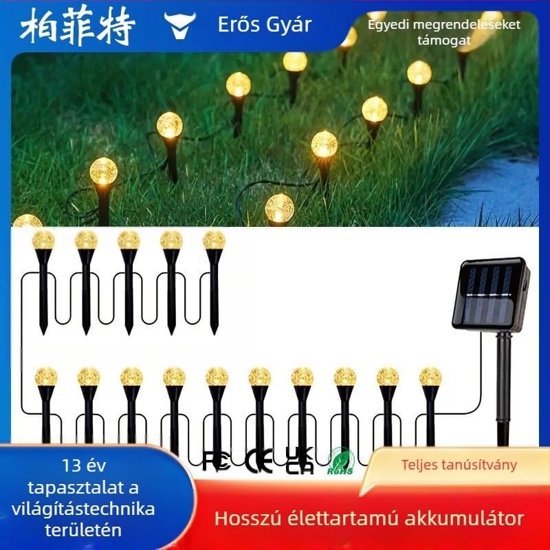Buffett BFT-38 Napelemes kert LED sorfények, IP67 vízálló, virág alakú, testre szabható fényerő, gombos vezérlés