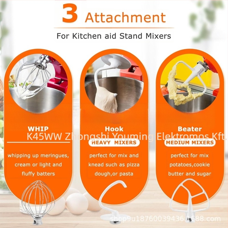 CAYOMEN 5QT KitchenAid tartozék készlet: Egg Mesh, Dough Hook, Stirring Paddle (Felerősítve)