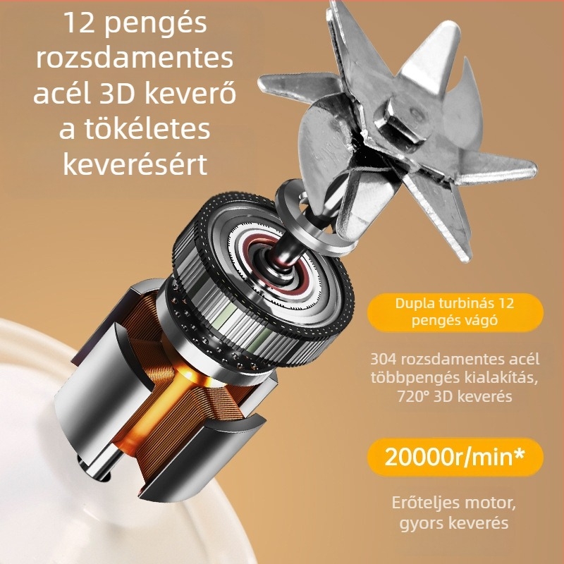 Hordozható 500 ml gyümölcsitalos pohár, beépített akkumulátor, 35W, 18001–20000 rpm, 5+ pengével, LCD kijelző